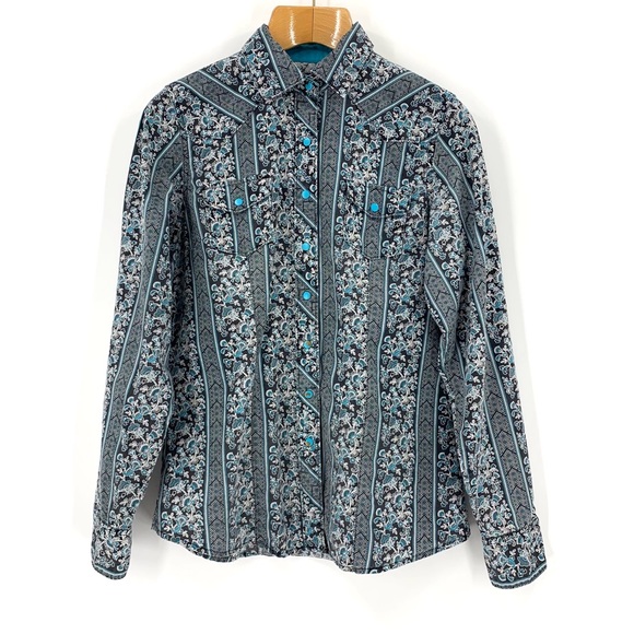 Cruel Black and Teal Floral Paisley Snap Closure Western Rodeo Shirt, Large - Picture 12 of 16